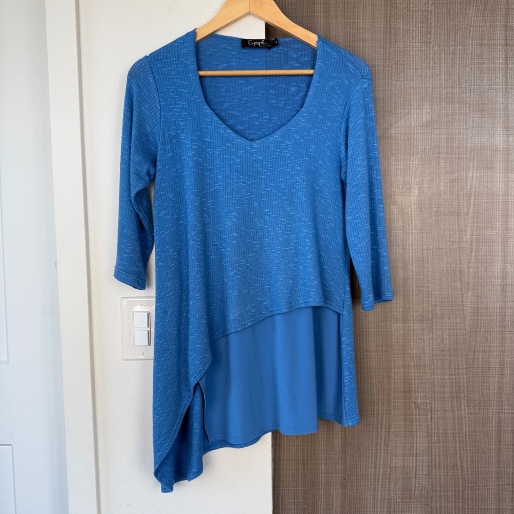 Sympli Womens Blue Asymmetric Layered 3/4 Sleeve Ribbed Knit Tunic Top Size 6